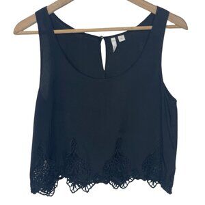 FRENCHI | Women's Black Cropped Lace Trim Keyhole Back Tank | Size L